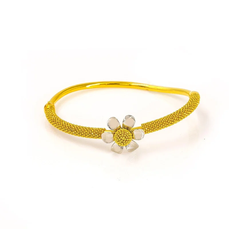 Statement Bangles-22K Multi Tone Gold Flower Bangle W/ Flower Pendant & Small Beaded Chain Accents