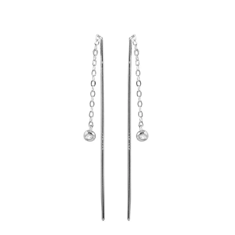 Trendy Silver Earrings-Rhodium Plated 925 Sterling Silver CZ Chain Dangling Earrings - STE01220