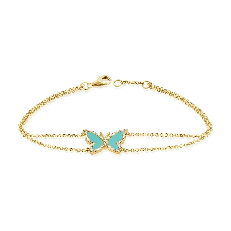 Fashionable Tennis Bracelet Sets-Turquoise & Diamond Butterfly Bracelet made in 14K Gold