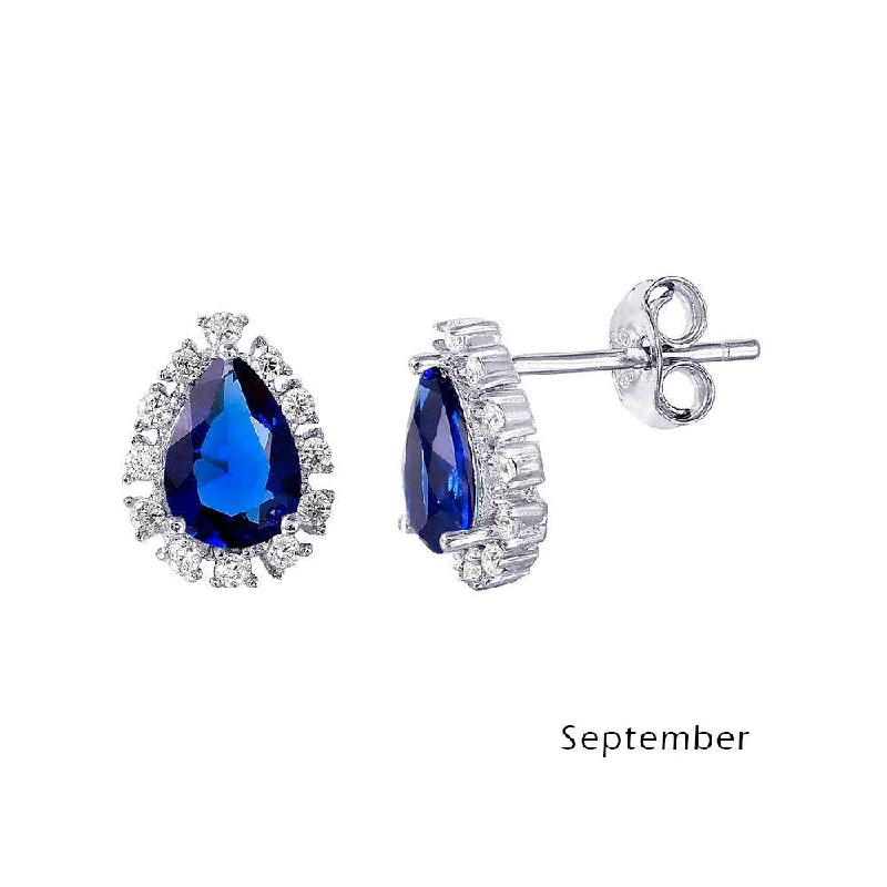 Hoop Earrings for Women-Rhodium Plated 925 Sterling Silver Teardrop Halo CZ Birthstone Earrings September - STE01027-SEP