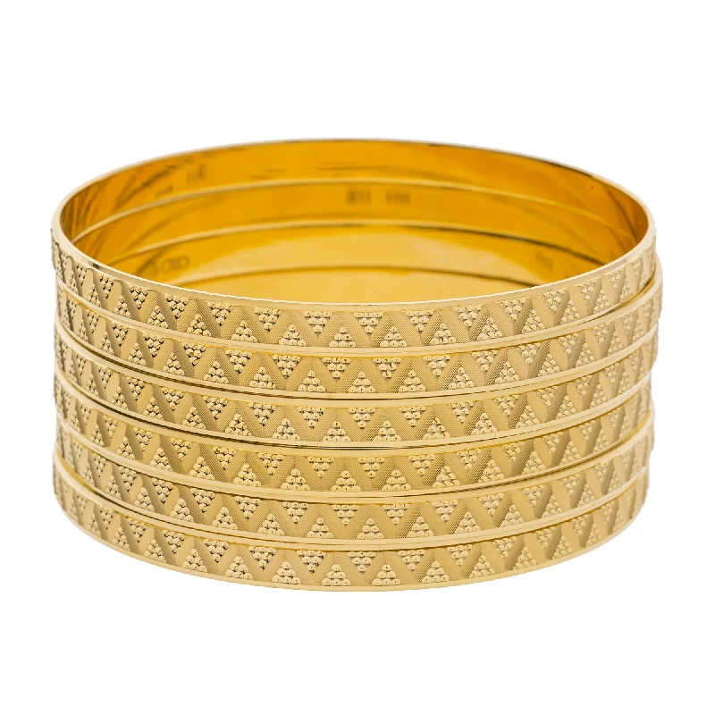 Simple Gold Bangles-22K Yellow Gold Bangles Set of 6 W/ Laser Etched Zig-Zag Pattern