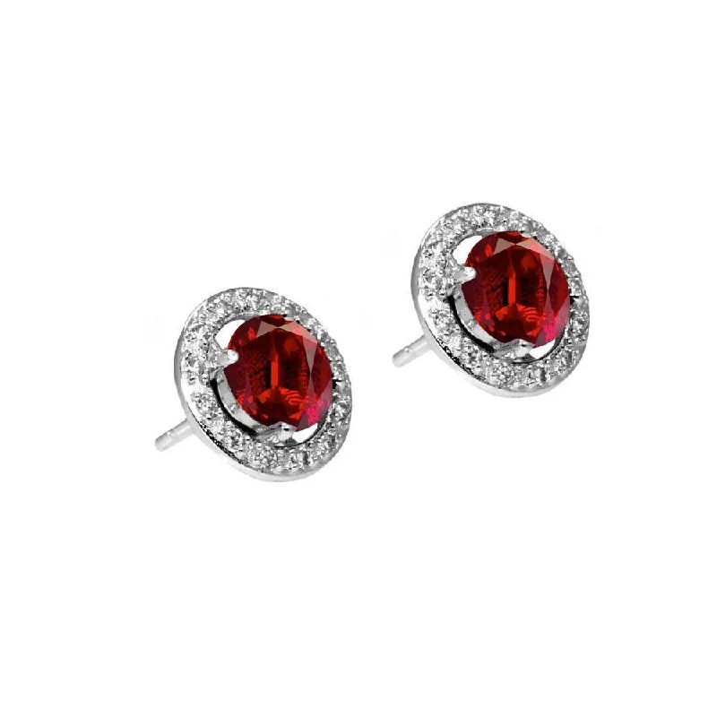 Sterling Silver Earrings-Silver 925 Rhodium Plated Red and Clear Round Pave CZ Stud Earrings - BGE00331