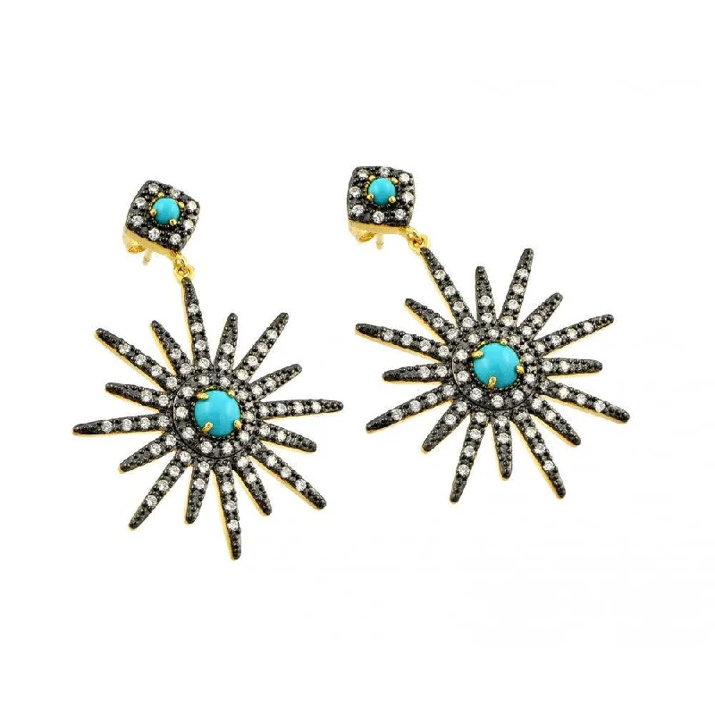 Colored Gemstone Earrings-Silver 925 Two Toned Gold and Black Rhodium Plated Sun Clear CZ Turquoise Round Dangling Stud Earrings - BGE00343