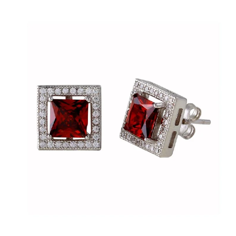 Sparkling Drop Earrings-Rhodium Plated 925 Sterling Silver Red Halo Square CZ Stud Earrings - BGE00632RED