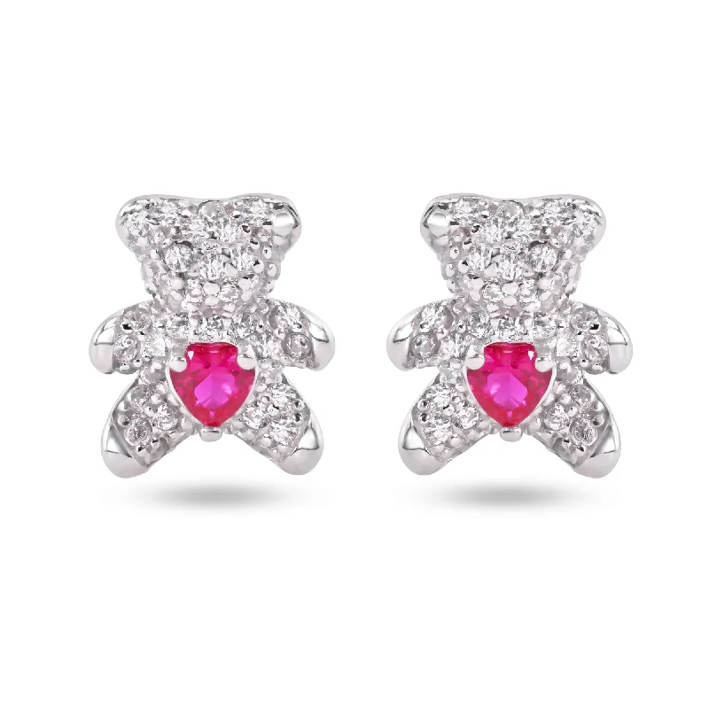 Statement Earrings for Women-Sterling Silver Rhodium Plated Bear Heart Clear and Red CZ Stud Earrings - STE01377