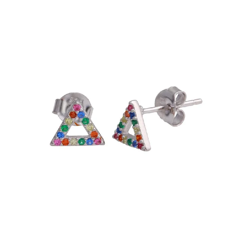 Handcrafted Silver Earrings-Rhodium Plated 925 Sterling Silver Open Triangle Stud Earrings with Multi-Colored CZ - BGE00611