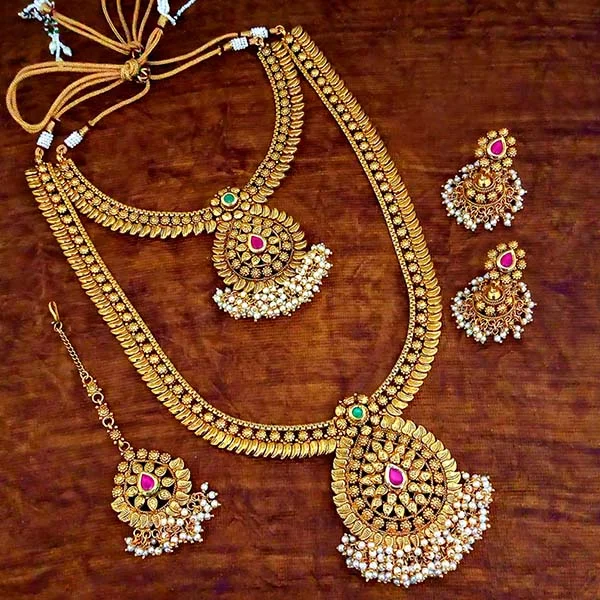 Colorful Pearl Necklaces-Darshana Jewels Pota Stone Double Necklace Set With Maang Tikka - FAP0090