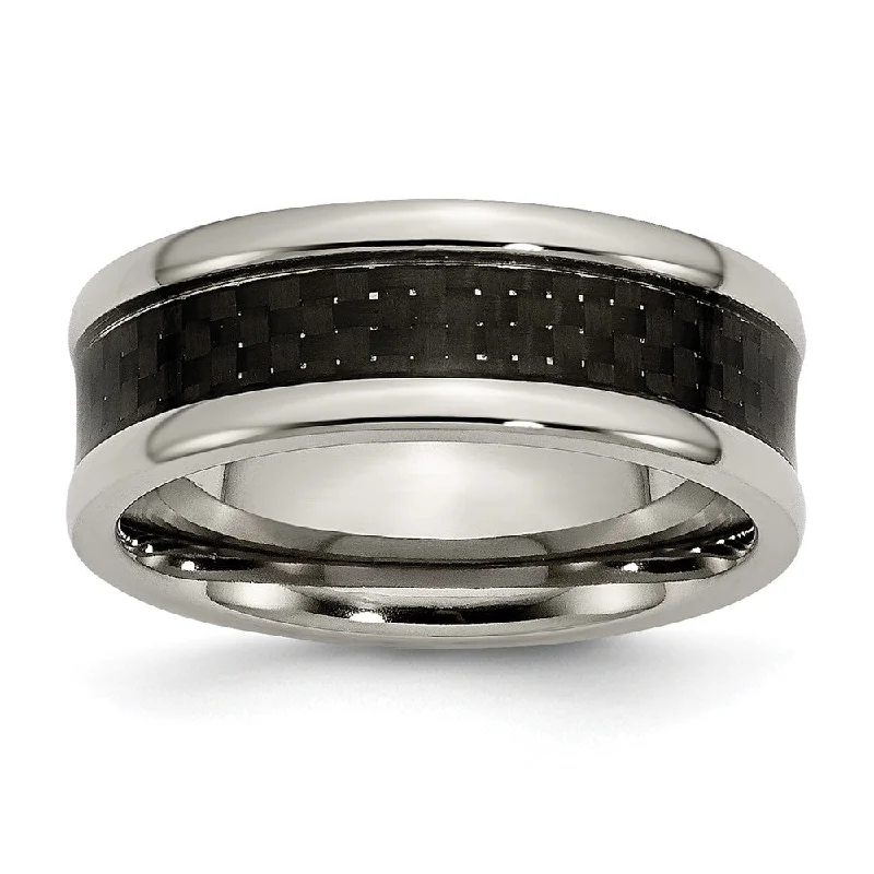 Designer Wedding Bands-Men's 8mm Titanium & Black Carbon Fiber Concaved Standard Fit Band