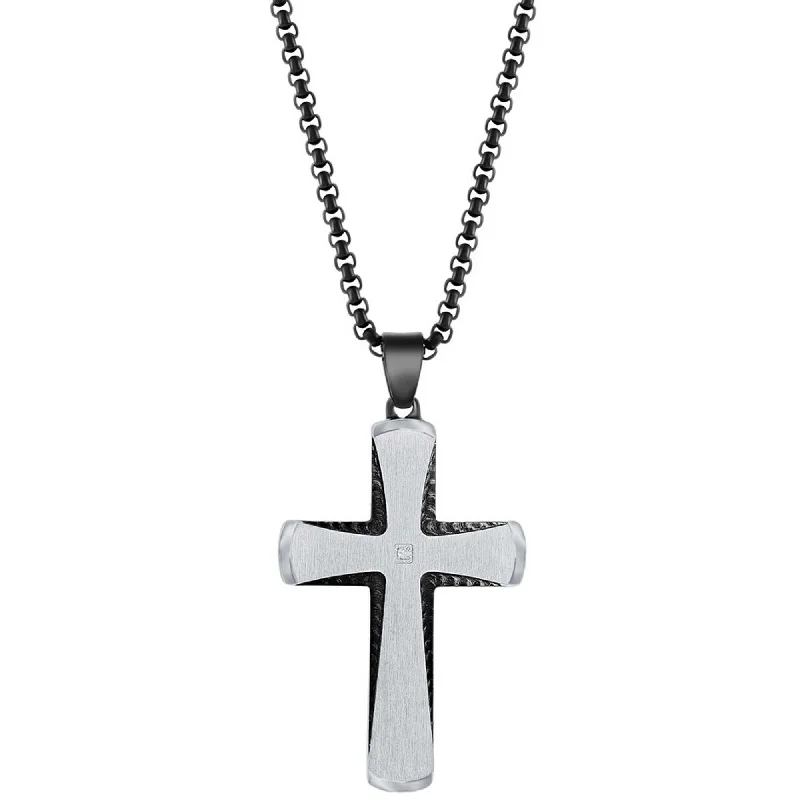 Stylish Gemstone Pendant Necklaces-Men's Necklace - Stainless Steel Black and Silver Single CZ Cross | SL-7119