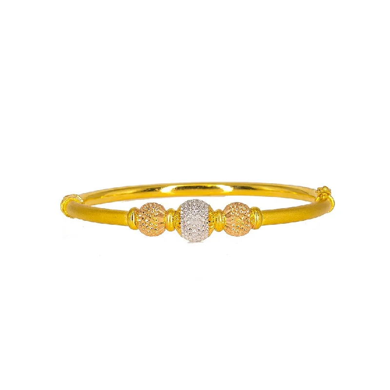 Traditional Indian Bangles-22K Multi Tone Gold Bangle W/ Center White & Yellow Gold Laser Mark Ball, 15.7 Grams