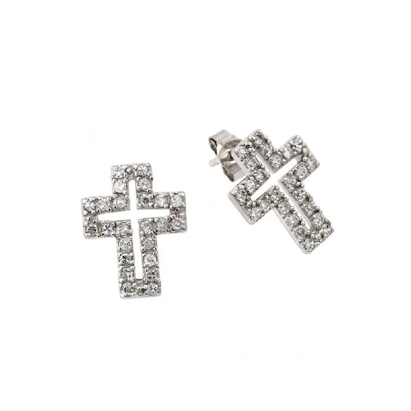 Statement Earrings for Weddings-Silver 925 Rhodium Plated Cross Clear CZ Inlay Stud Earrings - STE00023