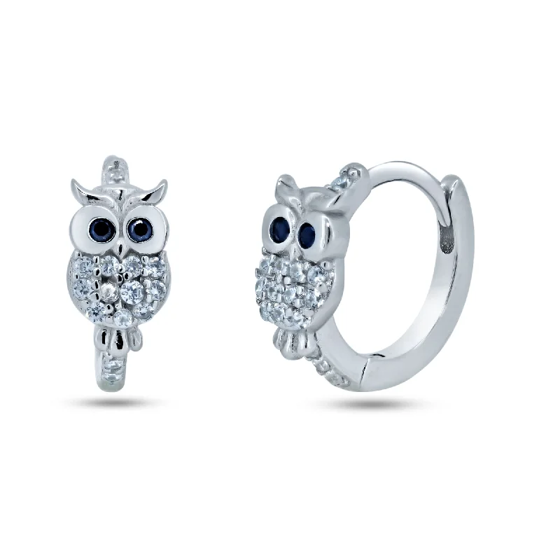 Classic Stud Earrings-Sterling Silver Rhodium Plated Pave Huggie Owl Hoop Earrings - STE01366