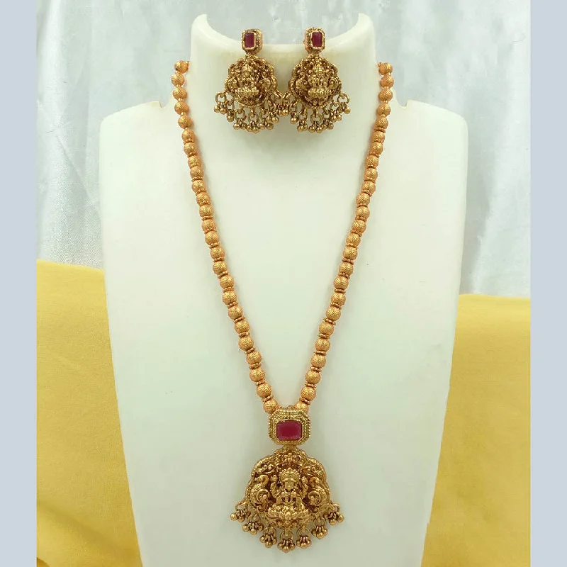 Luxury Name Necklaces-Joyful Jewel Art Matte Gold Plated Crystal Stone And Temple Long Necklace Set