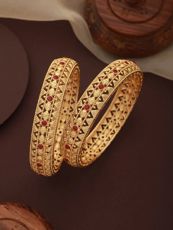 Designer Bangles-Set Of 2 22K Gold-Plated Marron Red Stone-Studded Handcrafted Bangles