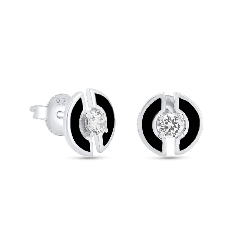 Pretty Pearl Earrings-Rhodium Plated 925 Sterling Silver Enamel Double Half Circle Stud 11mm Earrings - GME00137