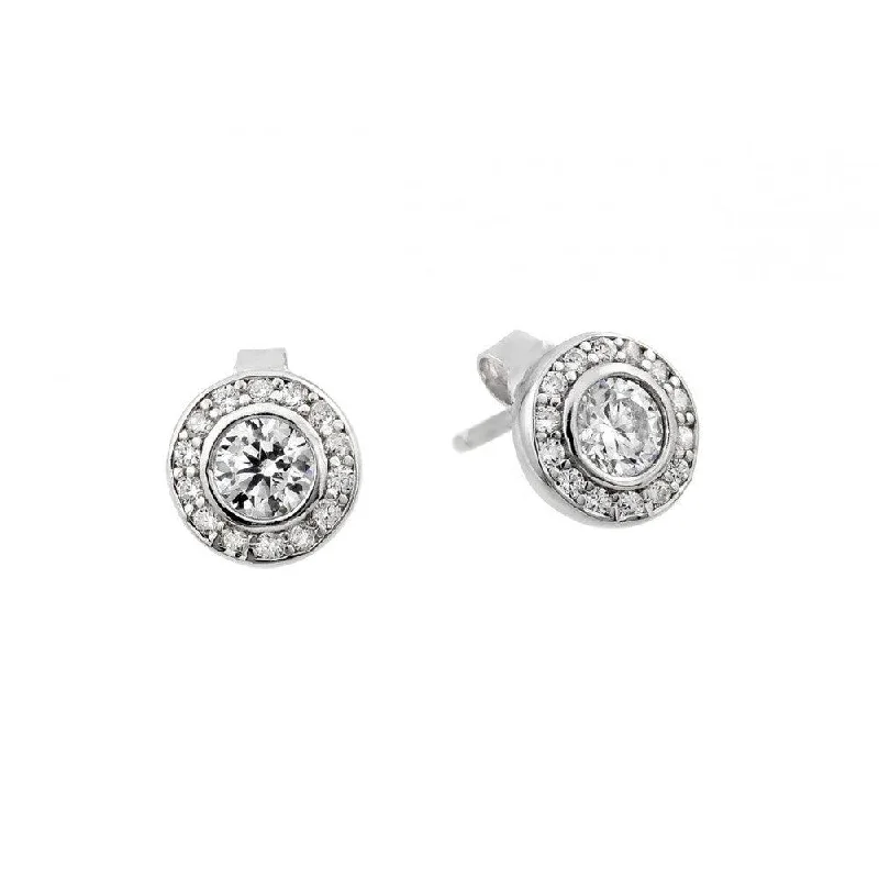 Round Hoop Earrings-Silver 925 Rhodium Plated Round Clear CZ Stud Earrings - STE00965RH