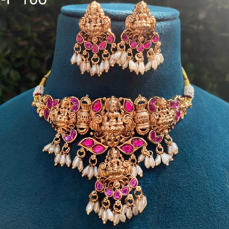 Handcrafted Gemstone Pendant Necklaces-Royal Kundan Jewellery Gold Plated Pota Stone And Pearls Temple Choker Necklace Set