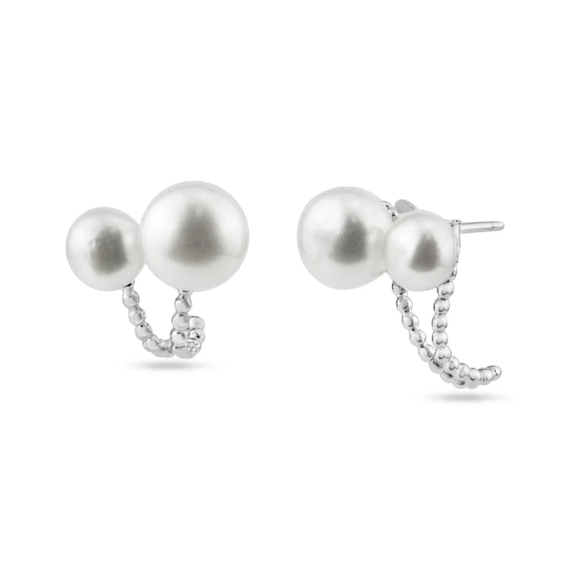 Vintage Gemstone Earrings-Wholesale Sterling Rhodium Plated 925 Sterling Silver Ear Huggie Pearl Earring - BGE00541