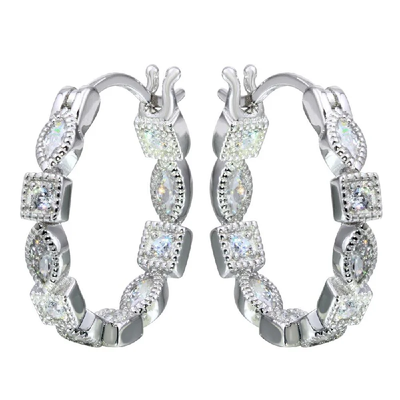 Designer Drop Earrings-Rhodium Plated 925 Sterling Silver Inner and Outer Clear CZ Hoop Earrings - STE01122CLR