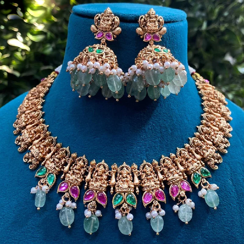 Beautiful Heart Pendant Necklaces-Royal Kundan Jewellery Gold Plated Pota Stone And Beads Temple Necklace Set