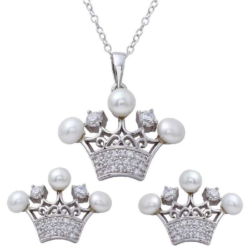 Fine Gold Earrings-Rhodium Plated 925 Sterling Silver CZ Crown Pendant and Earrings Set with Synthetic Pearls - BGS00540