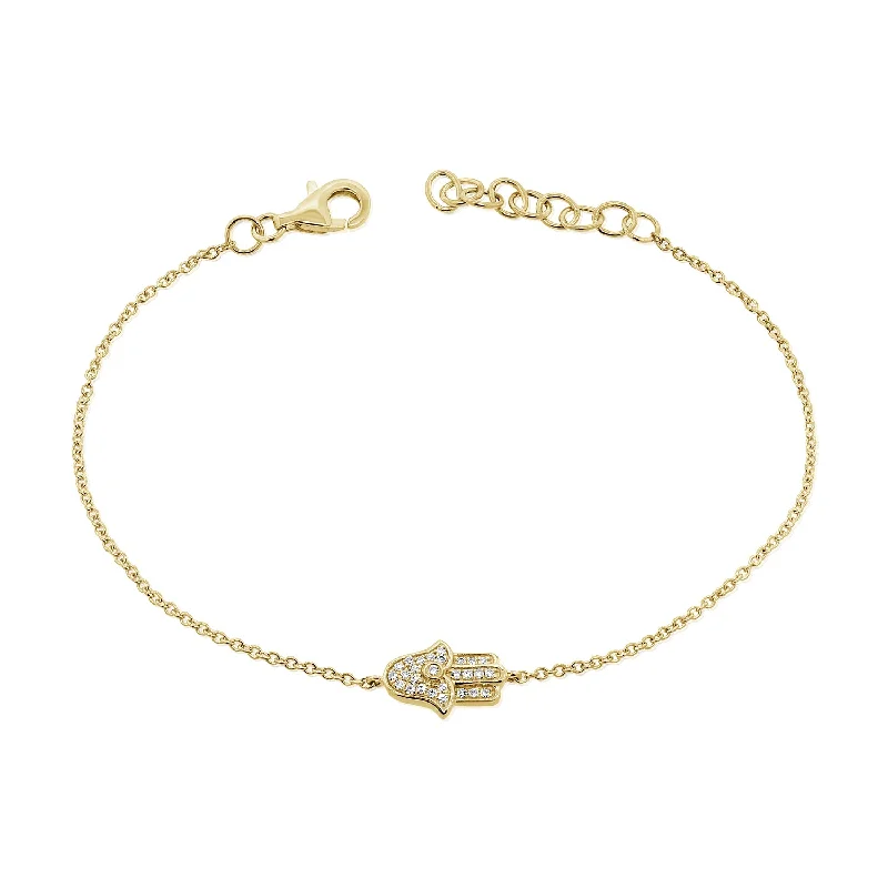 Adjustable Gold Bracelets-14K Gold Hamsa Chain Bracelet with Diamonds