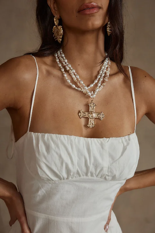 Luxurious Silver Necklaces-Angelica Gold Pearl Cross Statement Necklace