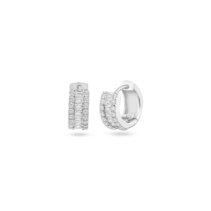 Everyday Earrings-Rhodium Plated 925 Sterling Silver Pave Huggie Hoop Earring 13mm - STE01338