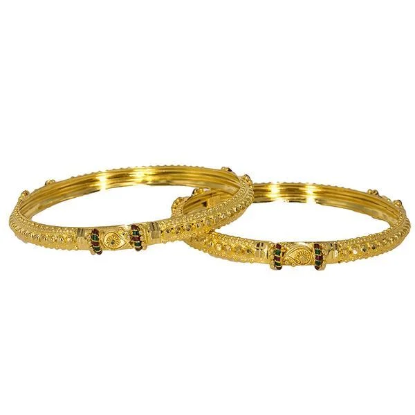 Elegant Gemstone Bangles-22K Yellow Gold Bangles Set of 2 W/ Enamel Hand Paint & Heavy Beaded Filigree, 25.1 gm