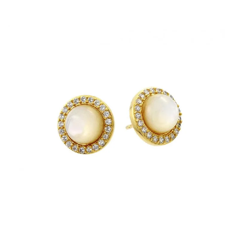 Luxury Drop Earrings-Silver 925 Gold Plated Round CZ Outline Center Pearl Stud Earrings - BGE00410GP