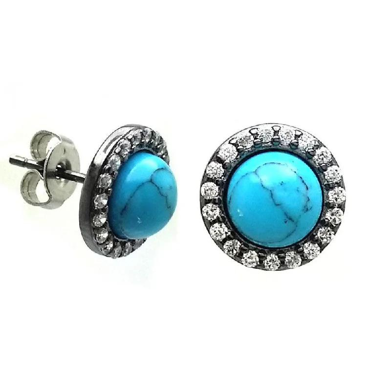 Gold Stud Earrings-Silver 925 Black Rhodium Plated Round Clear CZ Turquoise Center Stud Earrings - BGE00408