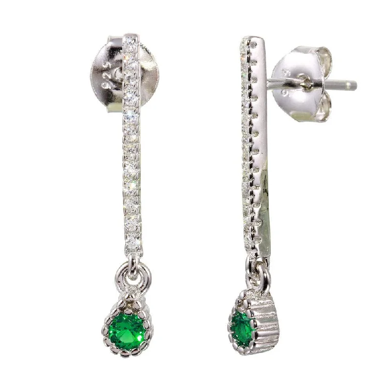 Bright Gemstone Earrings-Rhodium Plated 925 Sterling Silver Green CZ Bar Drop Earrings - BGE00557GRN