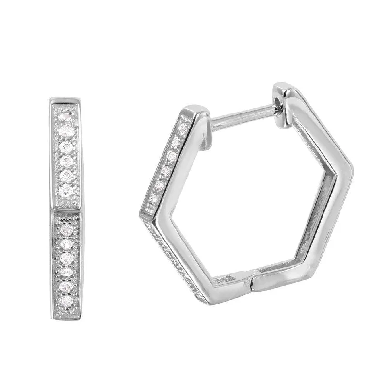 Vintage Style Stud Earrings-Silver 925 Rhodium Plated Thin Octagon CZ Hoop Earrings - GME00033RH