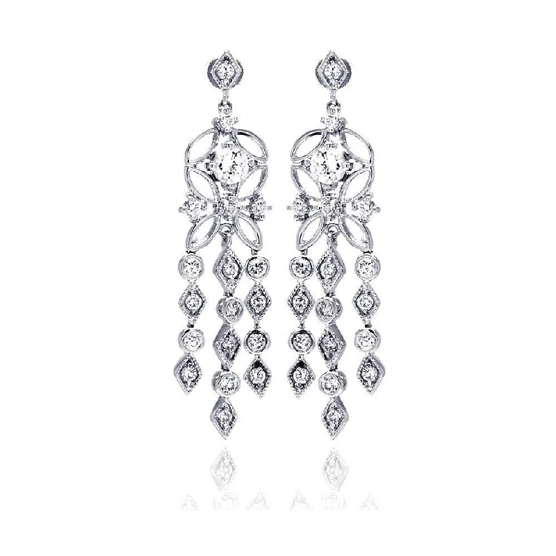 Gorgeous Pearl Earrings-Silver 925 Rhodium Plated Star Round Marquis CZ Three Strand Dangling Stud Chandelier Earrings - BGE00194