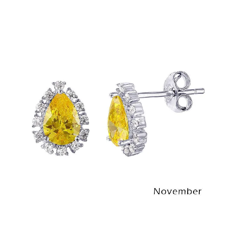 Crystal Drop Earrings-Rhodium Plated 925 Sterling Silver Teardrop Halo CZ Birthstone Earrings November - STE01027-NOV