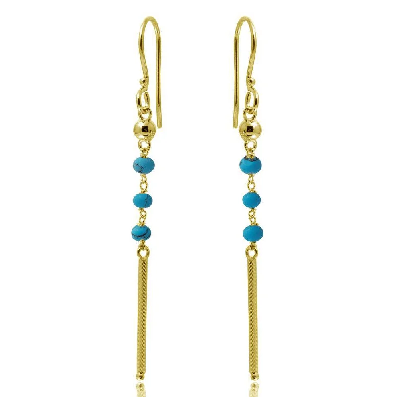 Elegant Gold Earrings-Gold Plated 925 Sterling Silver Dangling 3 Turquoise Bead with Matte Gold Bar Earrings - DIE00009GP-TQ