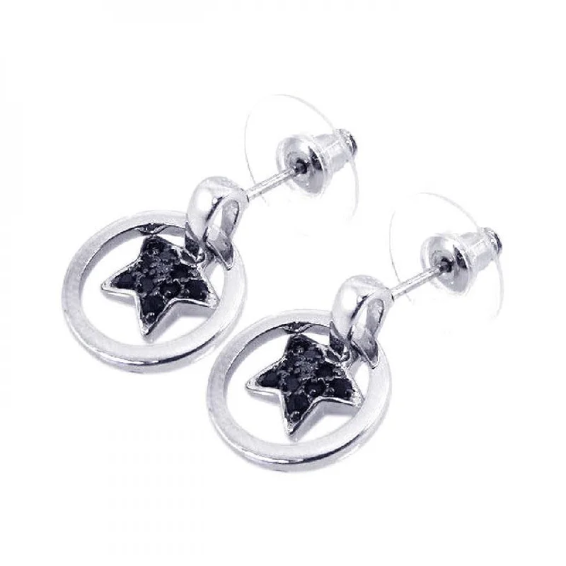 High-Quality Earrings-Clearance-Silver 925 Black and Silver Rhodium Plated Open Circle Heart CZ Dangling Stud Earrings - BGE00080