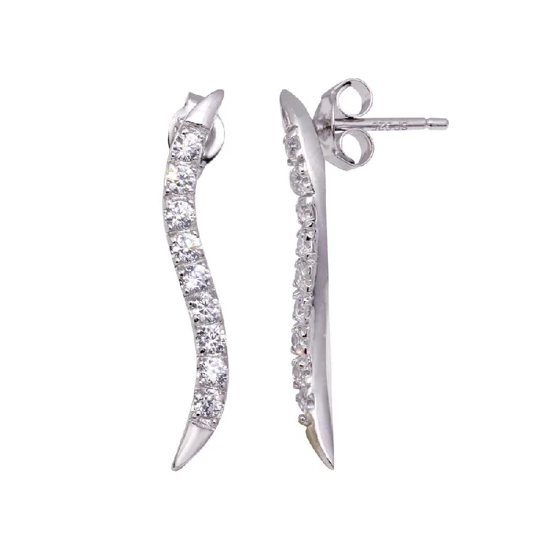 Chic Hoop Earrings-Silver 925 Rhodium Plated CZ Thin Wavy Stud Earrings - STE00010