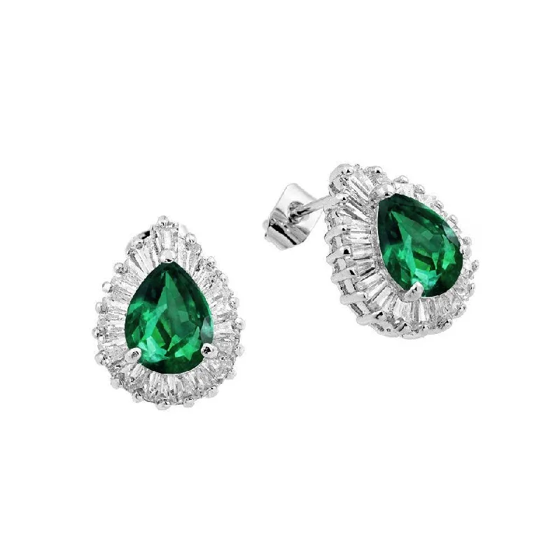 Simple Gold Earrings-Silver 925 Rhodium Plated Clear and Green Teardrop Baguette CZ Stud Earrings - BGE00338