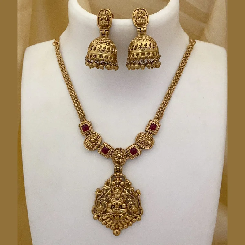 Large Pendant Necklaces-Joyful Jewel Art Matte Gold Plated Pota Stone Temple Necklace Set