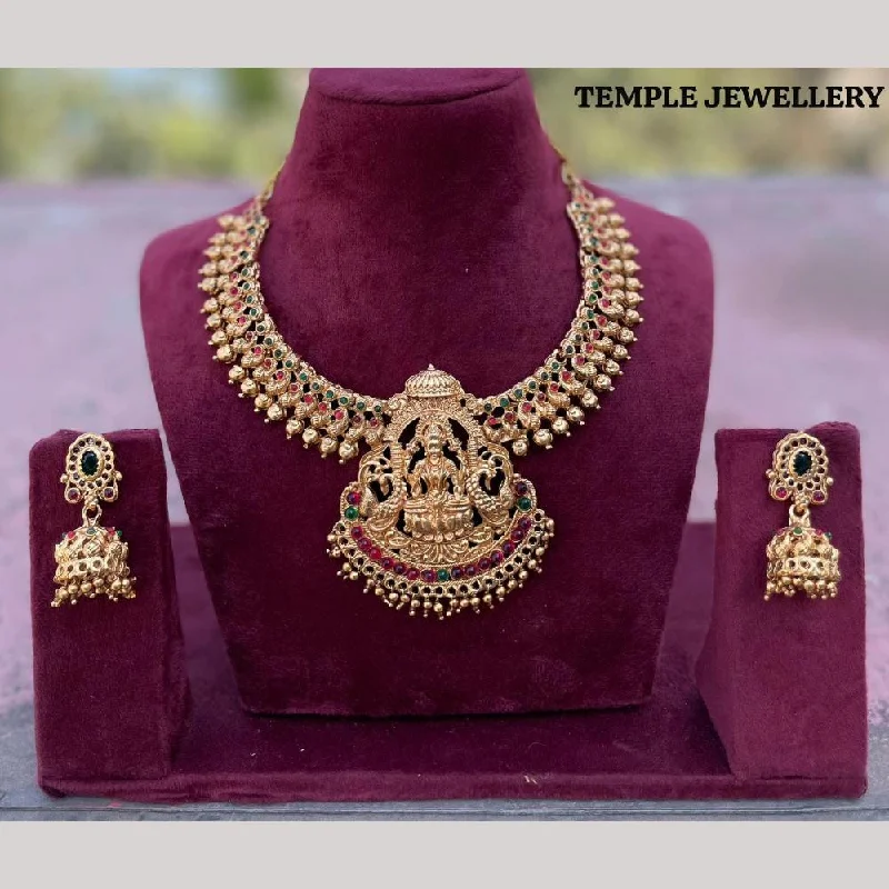 Unique Silver Necklaces-FS Collection Gold Plated Pota Stone Temple Necklace Set