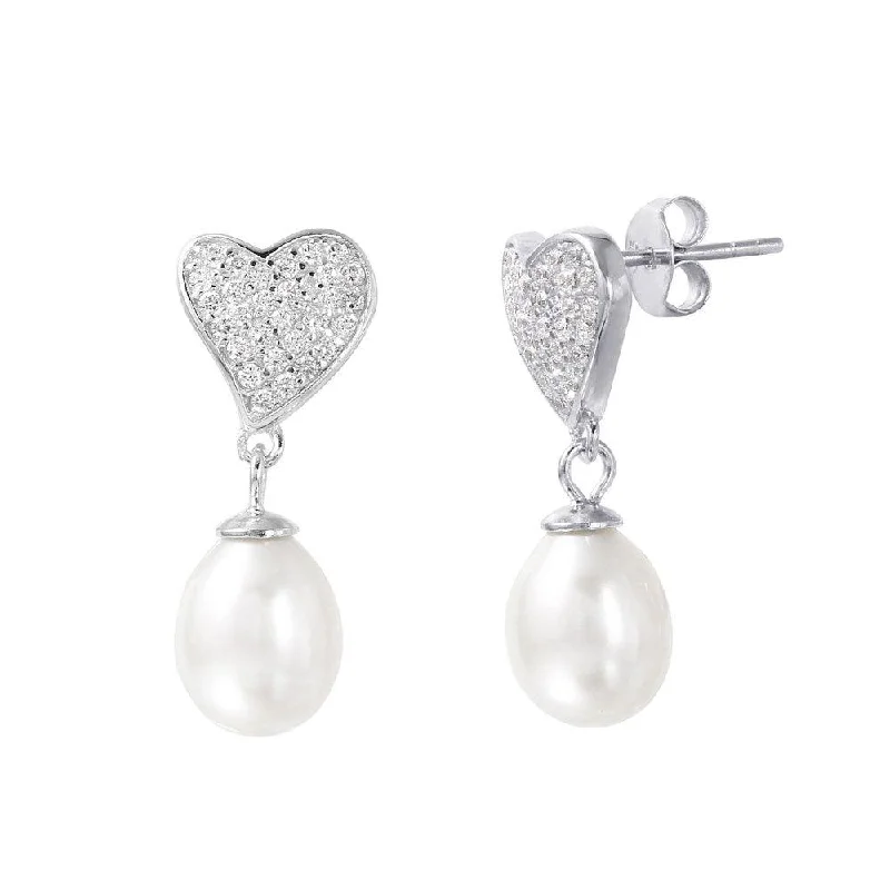 Vintage Style Stud Earrings-Silver 925 Rhodium Plated Heart Synthetic Pearl Pave CZ Dangling Stud Earrings - STE01003