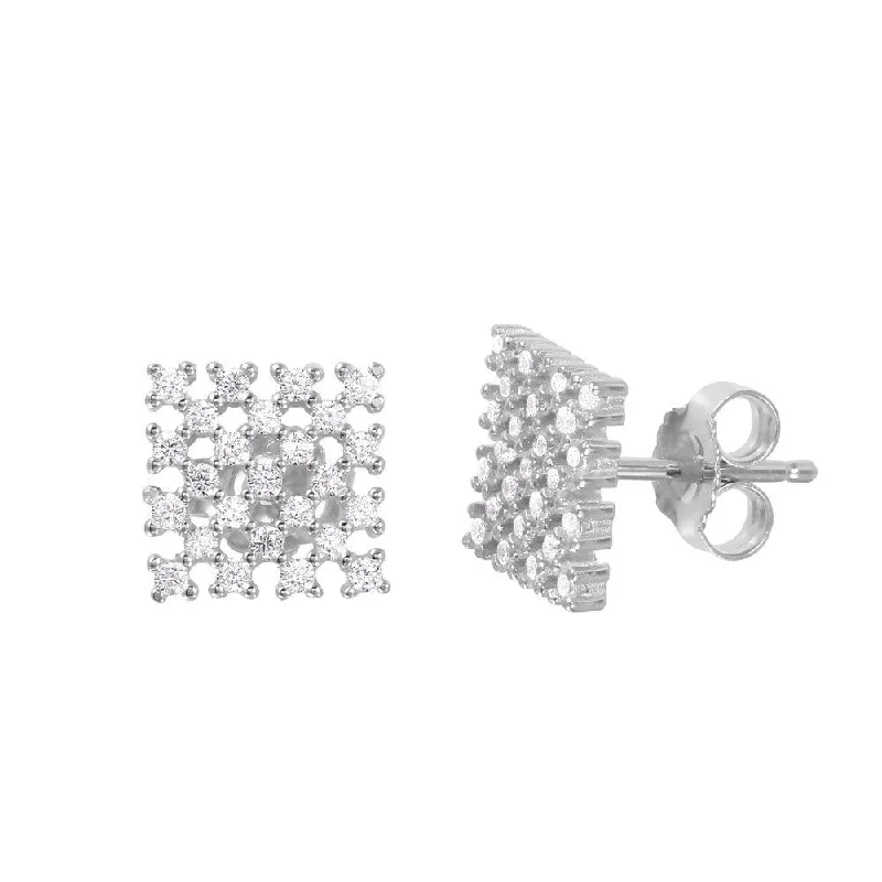 Sparkling Drop Earrings-Silver 925 Rhodium Plated Checkered CZ Stud Earrings - ACE00079RH