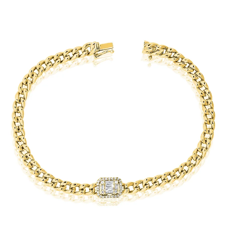 Custom Engraved Gold Bracelets-14Kt Gold & Diamond Illusion Set Chain Link Bracelet