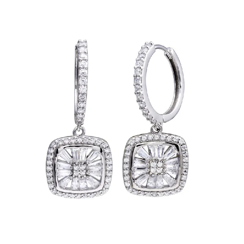 Clear Crystal Earrings-Rhodium Plated 925 Sterling Silver CZ Hoop Dangling Halo Square Earring - STE01319