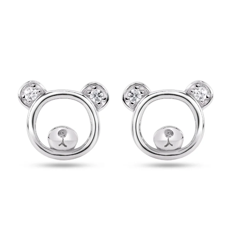 Trendy Earrings for Women-Sterling Silver Rhodium Plated Bear Silhouette Clear CZ Stud Earrings - STE01375