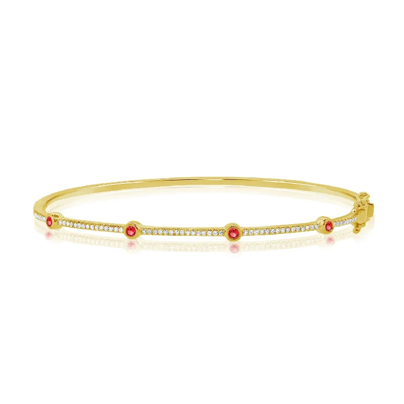 Stylish Gold Wedding Bracelets-Ruby & Diamonds 14K Gold Bangle Bracelet