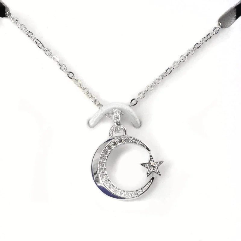 Trendy Silver Chain Necklaces-Swarovski Crystal Crescent Moon and Star Silver Pendant Necklace | 5431860