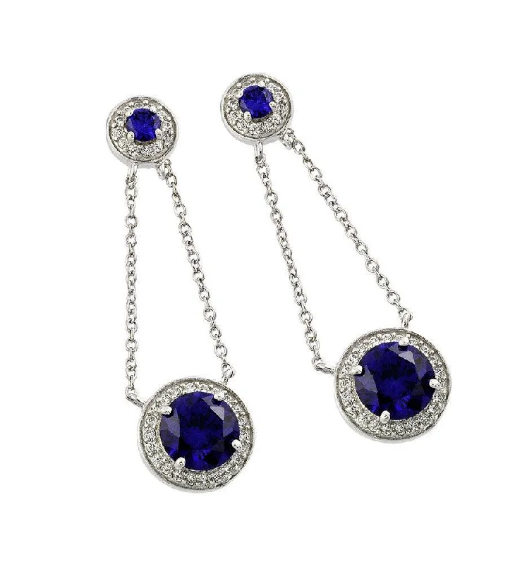 Bridal Earrings-Silver 925 Rhodium Plated Round Blue CZ Wire Dangling Stud Earrings - BGE00373