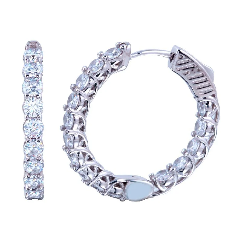 Silver Hoop Earrings-Rhodium Plated 925 Sterling Silver Inside Out CZ Hoop Vault Lock Earring 19mm - STE01308